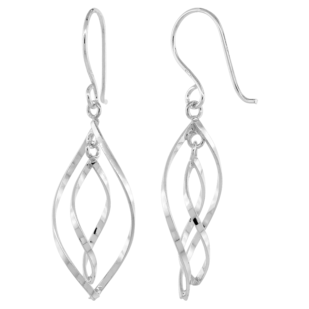 STERLING SILVER WAVY DIAMOND CUT OUTS DANGLE EARRINGS, 1 5/8 (41 MM) TALL