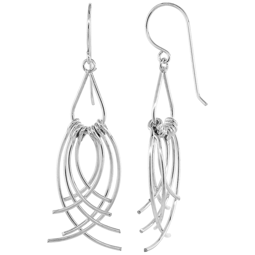 STERLING SILVER PEAR CUT OUT W/ CURVY WIRES DANGLE EARRINGS, 1 7/8 (48 MM) TALL