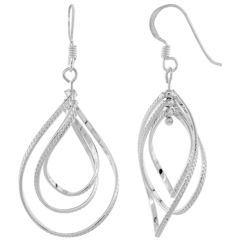 STERLING SILVER CURVY PEAR CUT OUTS W/ DIAMOND CUT DANGLE EARRINGS, 1 3/4 (45 MM) TALL