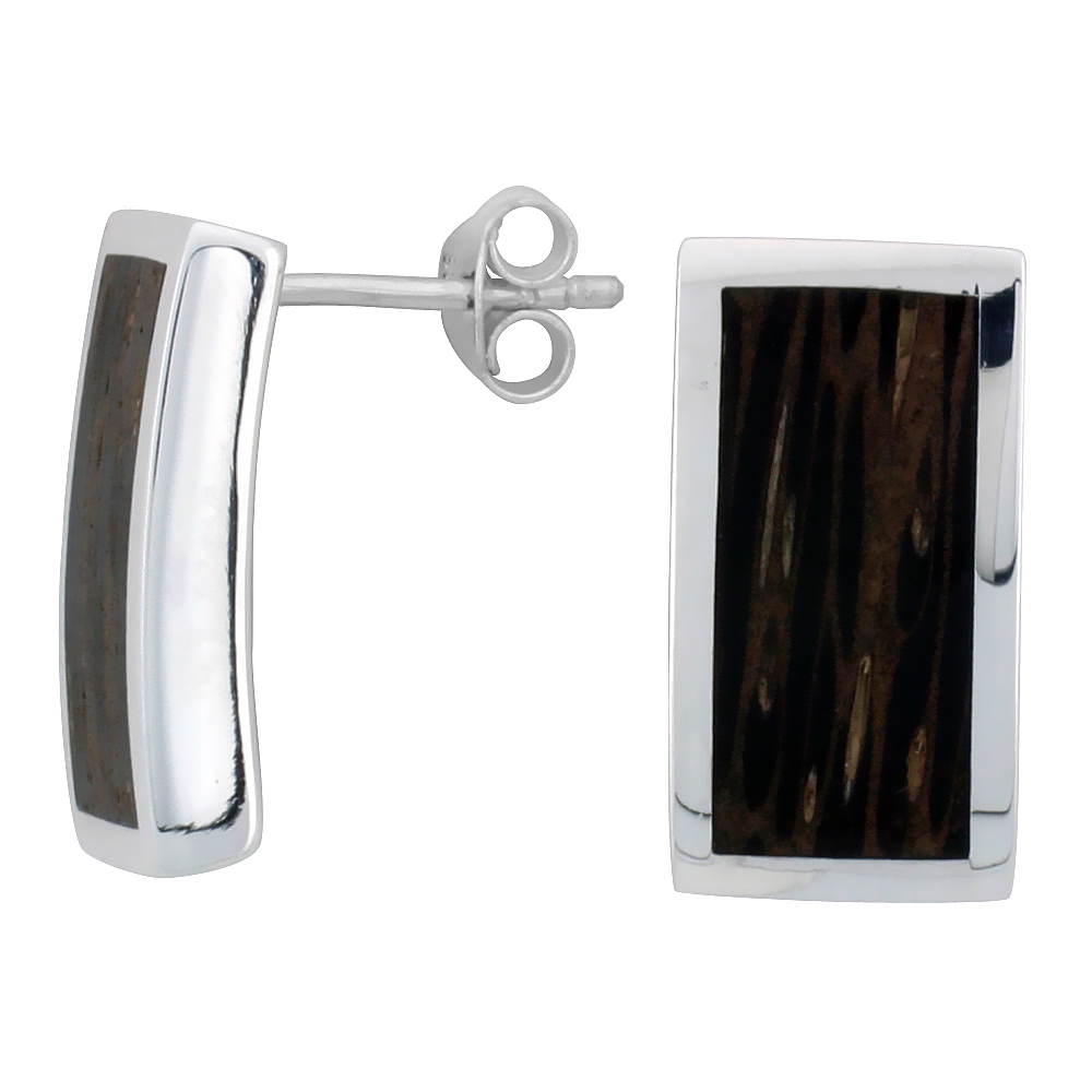STERLING SILVER RECTANGULAR POST EARRINGS, W/ ANCIENT WOOD INLAY, 11/16" (18 MM) TALL