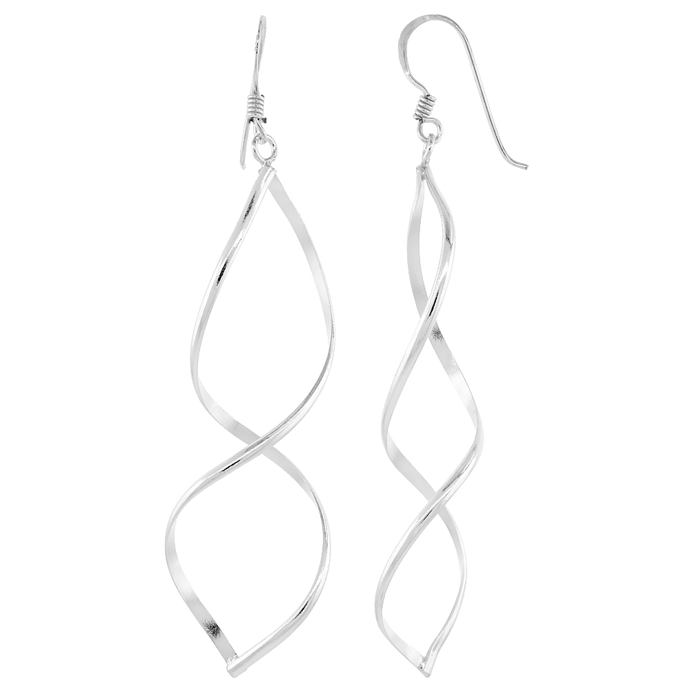 STERLING SILVER WAVY DIAMOND CUT OUTS DANGLE EARRINGS, 2 3/4 (69 MM) TALL