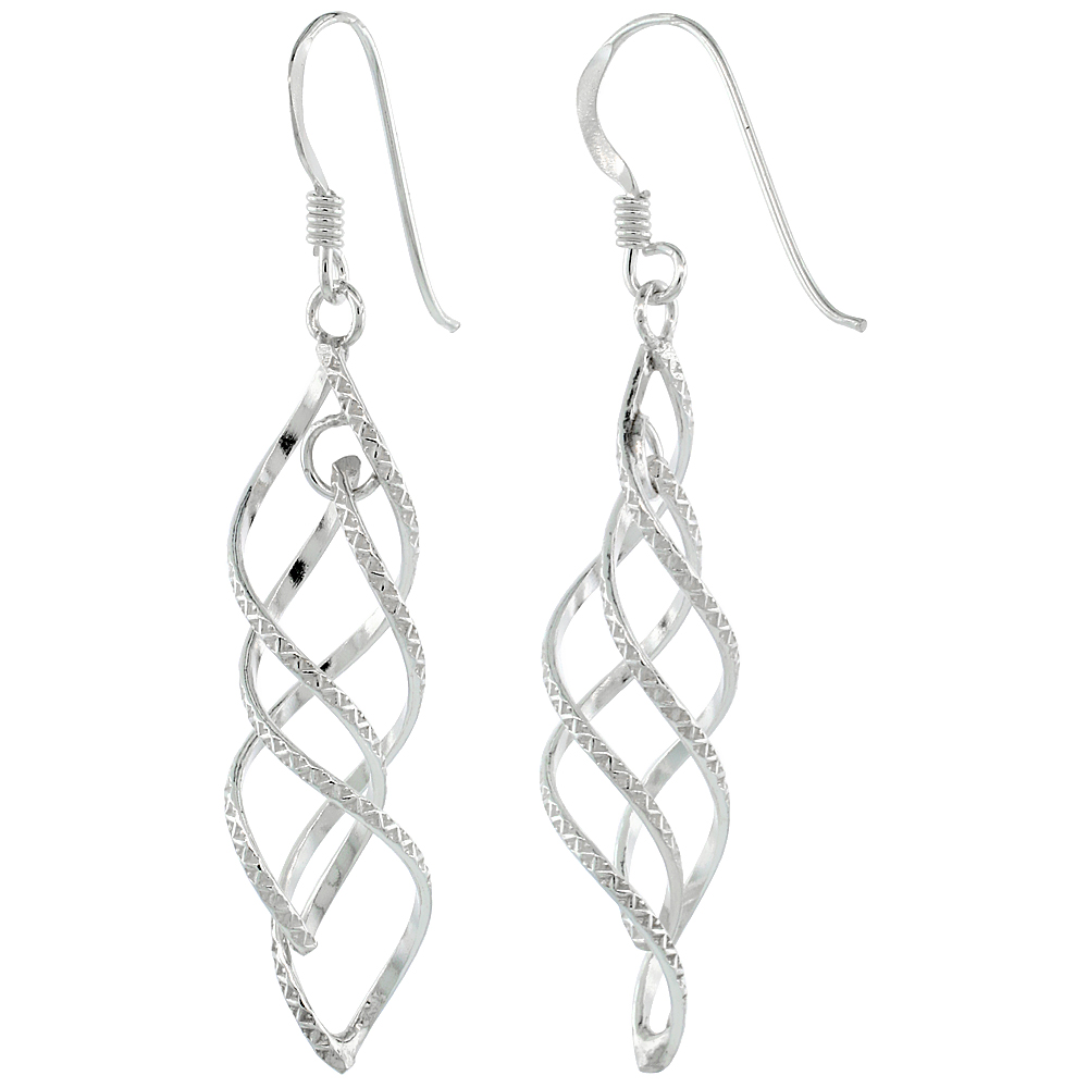 STERLING SILVER TWISTED SPIRALS W/ DIAMOND CUT DANGLE EARRINGS, 1 7/8 (48 MM) TALL