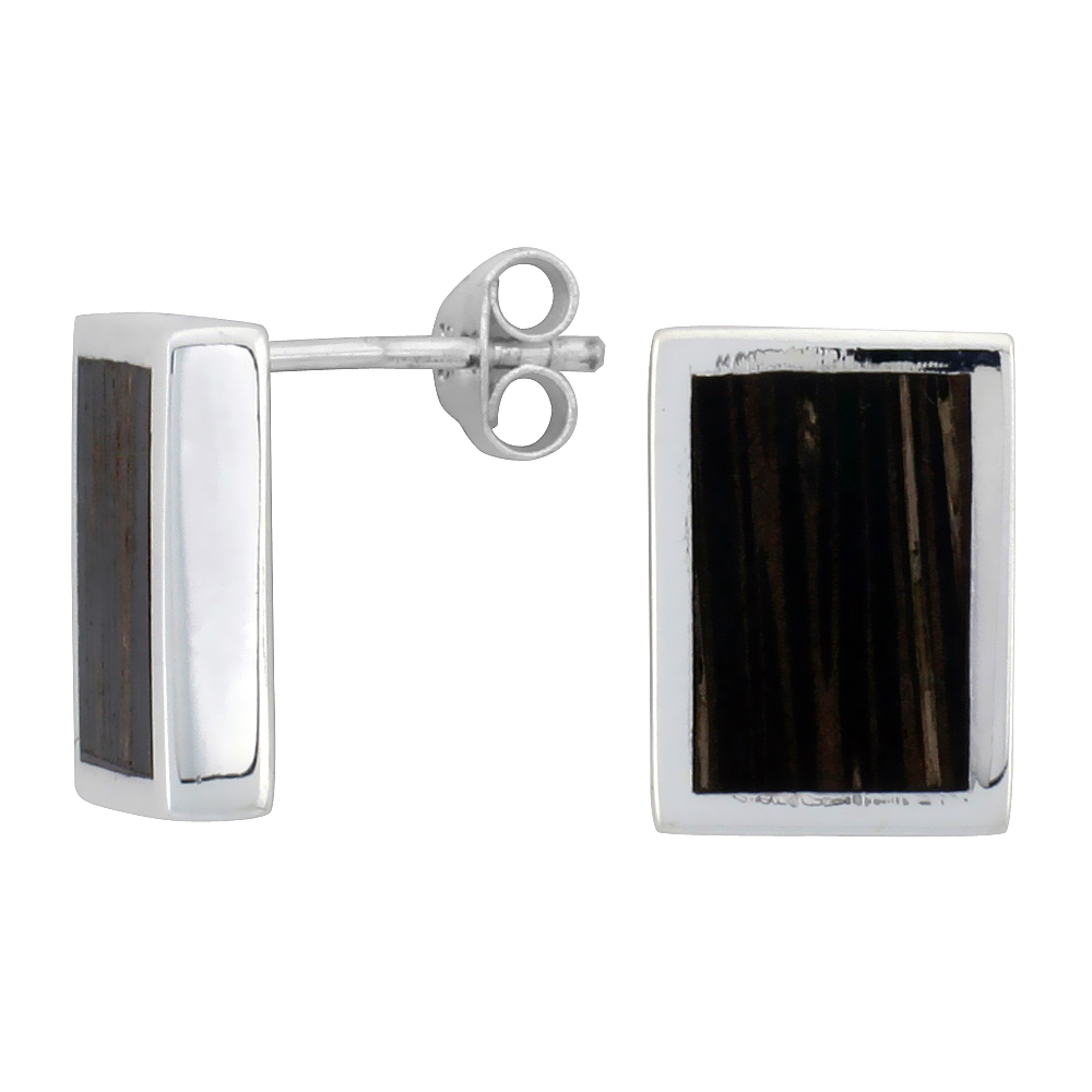 STERLING SILVER RECTANGULAR POST EARRINGS, W/ ANCIENT WOOD INLAY, 1/2" (13 MM) TALL