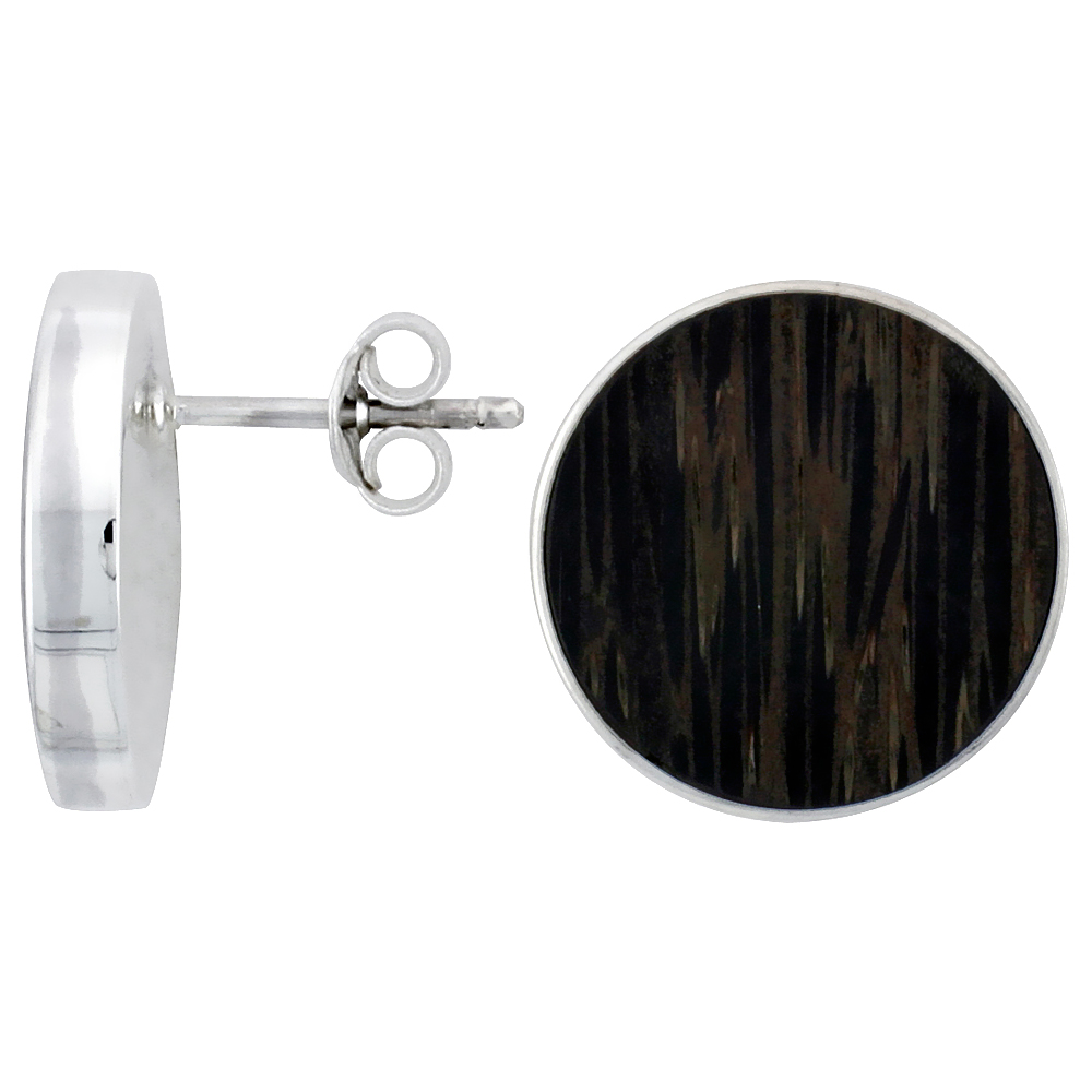 STERLING SILVER ROUND POST EARRINGS, W/ ANCIENT WOOD INLAY, 5/8" (16 MM)