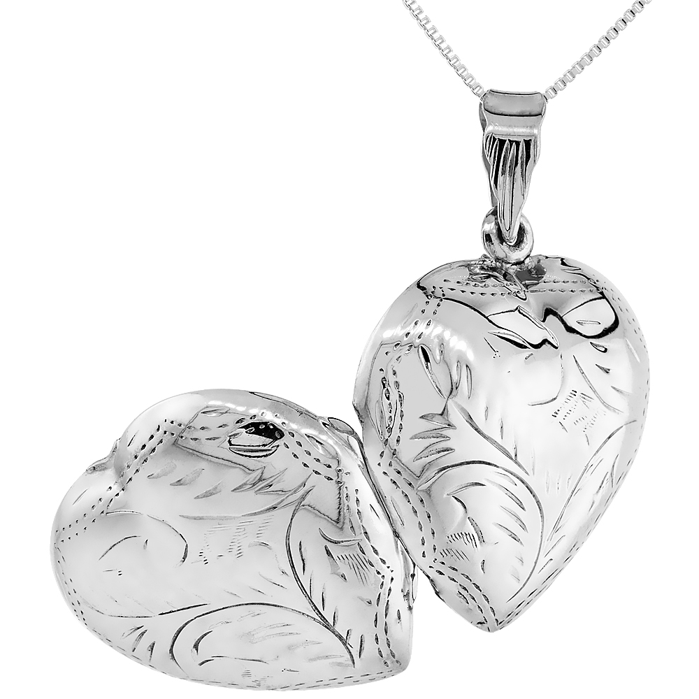 VERY LARGE STERLING SILVER HEART LOCKET NECKLACE 18 INCH ENGRAVED HANDMADE, 1 1/4 INCH