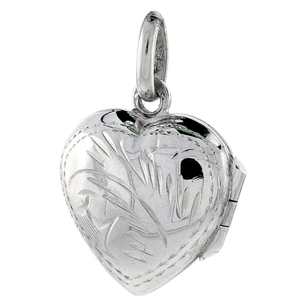 TINY PUFFY 9/16 INCH STERLING SILVER ENGRAVED HEART LOCKET PENDANT FOR WOMEN HANDMADE NO CHAIN INCLUDED