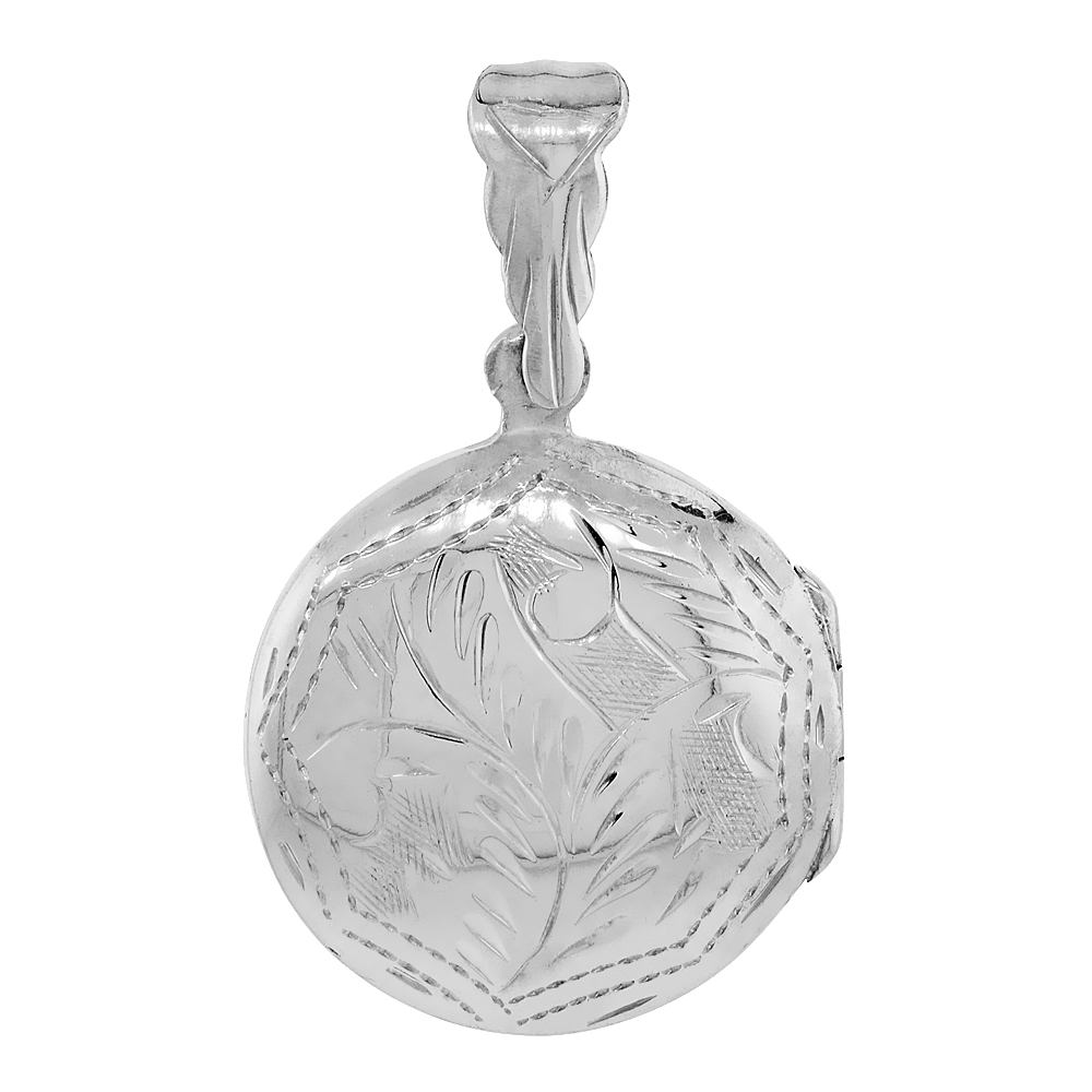 13/16 INCH STERLING SILVER ENGRAVED ROUND LOCKET PENDANT FOR WOMEN HANDMADE NO CHAIN INCLUDED