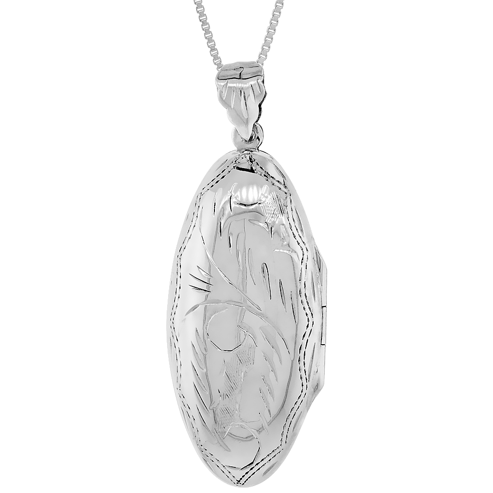 LONG 3/4 INCH STERLING SILVER ENGRAVED OVAL LOCKET PENDANT FOR WOMEN HANDMADE NO CHAIN INCLUDED