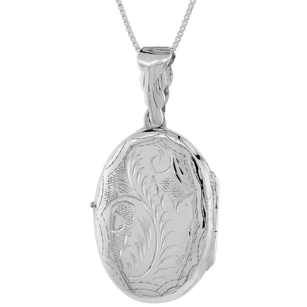 STERLING SILVER OVAL LOCKET PENDANT / CHARM ENGRAVED HANDMADE, 1 1/16 INCH