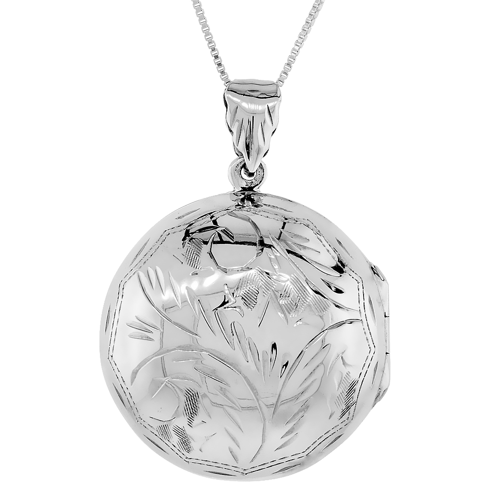 STERLING SILVER PUFFY ROUND LOCKET PENDANT / CHARM ENGRAVED HANDMADE, 1 1/4 INCH