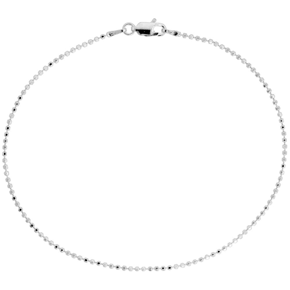 STERLING SILVER ITALIAN FACETED PALLINI BEAD BALL CHAIN ANKLET 1.5MM NICKEL FREE SIZES 9 - 10 INCH