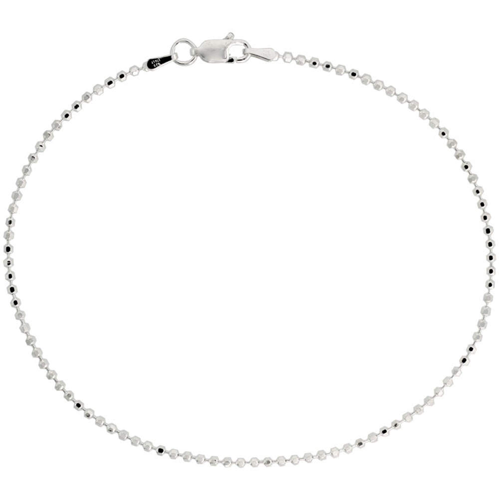 STERLING SILVER ITALIAN FACETED PALLINI BEAD BALL CHAIN ANKLET 1.8MM NICKEL FREE SIZES 9 - 10 INCH