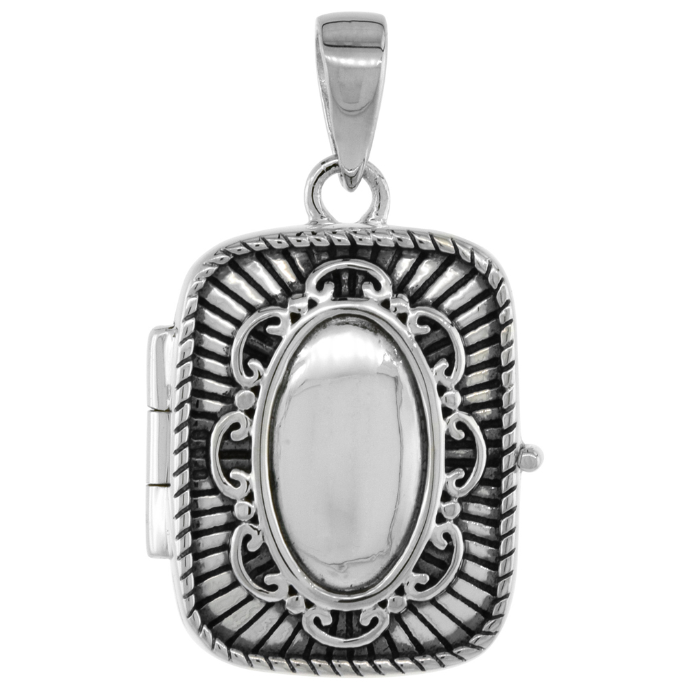 Small 3/4 inch Sterling silver Oval Embossed Center Rectangular Pictureframe Locket Pendant for Women Flawless Polished Finish