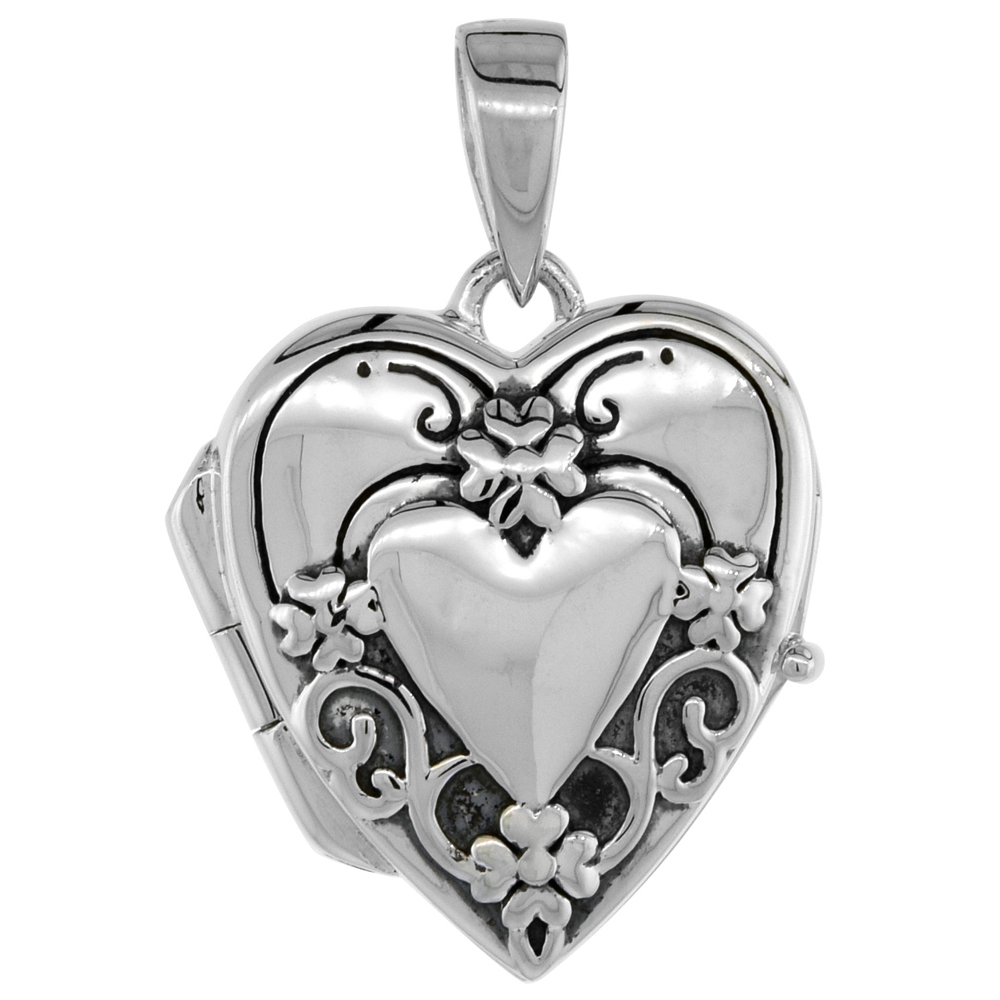 VERY SMALL 5/8 INCH STERLING SILVER EMBOSSED HEART LOCKET PENDANT FOR WOMEN FLAWLESS POLISHED FINISH NO CHAIN INCLUDED