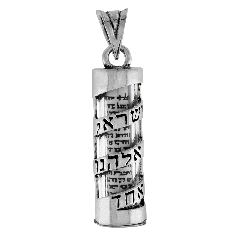 STERLING SILVER MEZUZAH NECKLACE SPIRAL SHEMA ISRAEL OVER GLASS CASE PAPER PARCHMENT 1 1/4 INCH AVAILABLE WITH OR WITHOUT A CHAIN