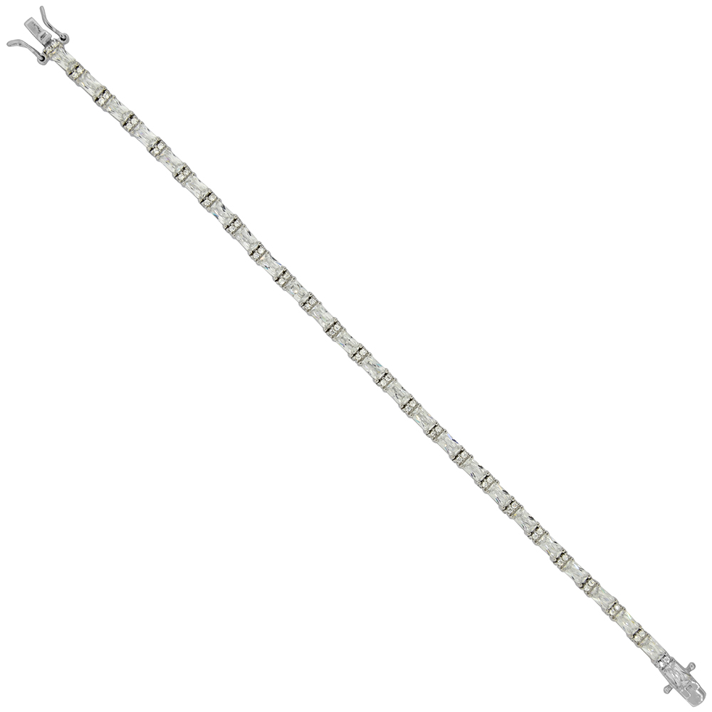 Sterling Silver Alternating Small Round &amp; Baguette Cubic Zirconia Tennis Bracelet, 1/8 inch wide