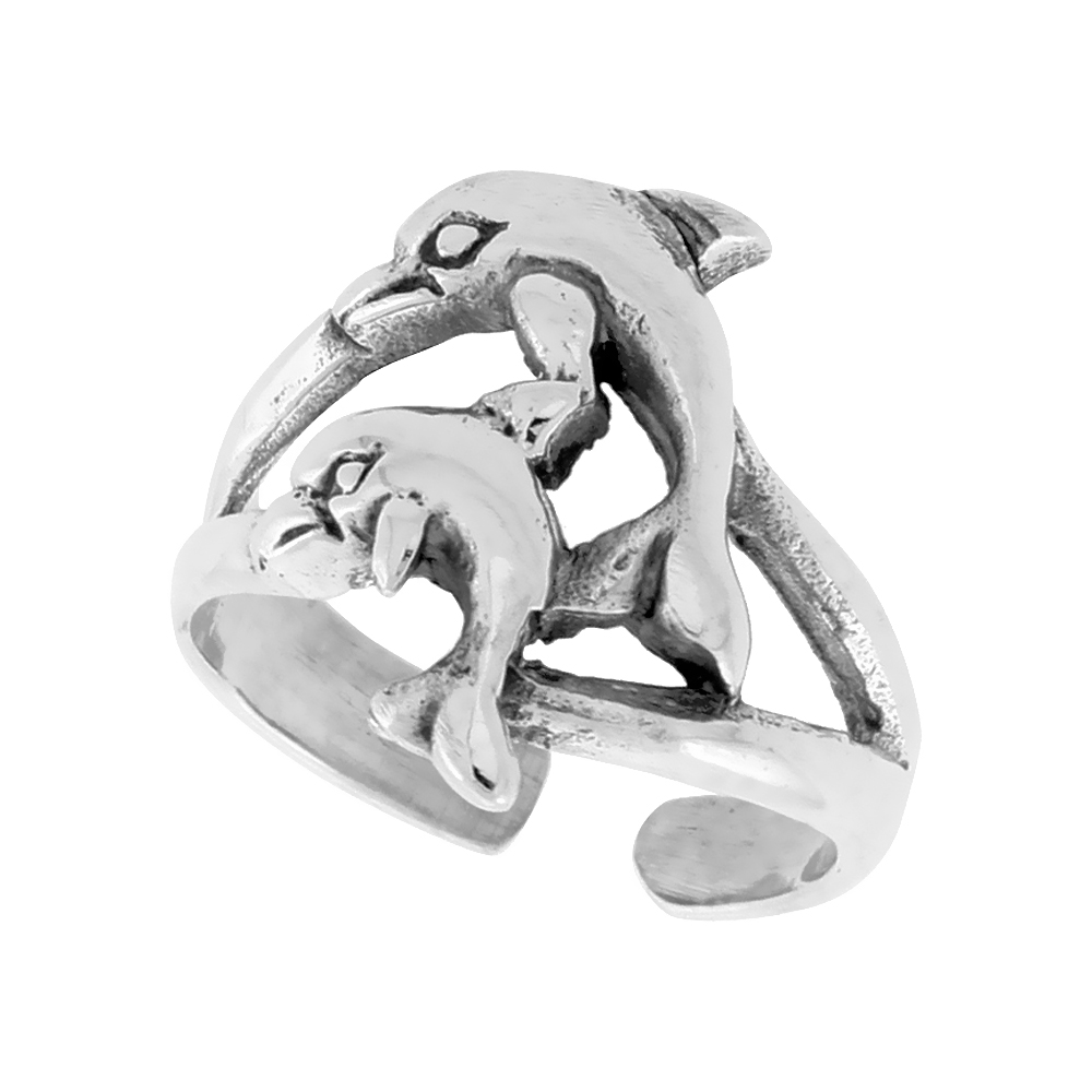 STERLING SILVER DOUBLE DOLPHIN TOE RING FOR WOMEN SPLIT SHANK ADJUSTABLE OPEN 5/8 INCH