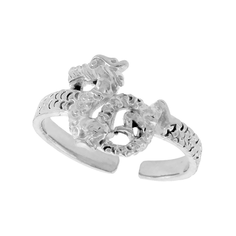 STERLING SILVER CHINESE DRAGON ADJUSTABLE (SIZE 3 TO 6) TOE RING / KID'S RING, 3/8 IN. (10 MM) WIDE