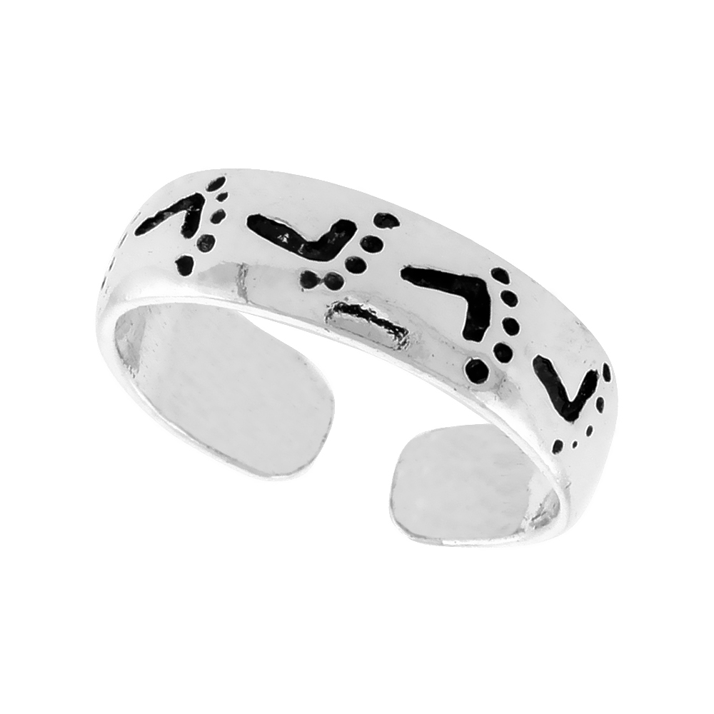 STERLING SILVER FOOTPRINTS TOE RING FOR WOMEN DOMED ADJUSTABLE OPEN 3/16 INCH WIDE