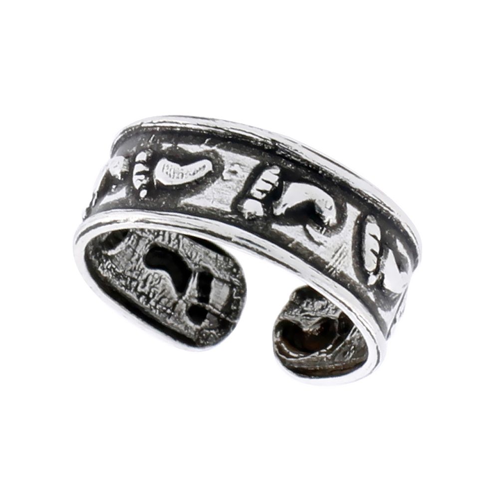 STERLING SILVER FOOTPRINTS TOE RING FOR WOMEN FLAT OPEN ADJUSTABLE OXIDIZED 3/16 INCH (5 MM) WIDE