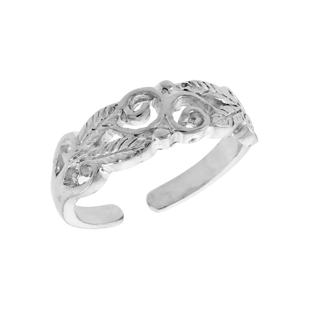 STERLING SILVER SWIRLS & LEAVES ADJUSTABLE (SIZE 3.5 TO 6.5) TOE RING / KID'S RING, 1/4 IN. (6 MM) WIDE