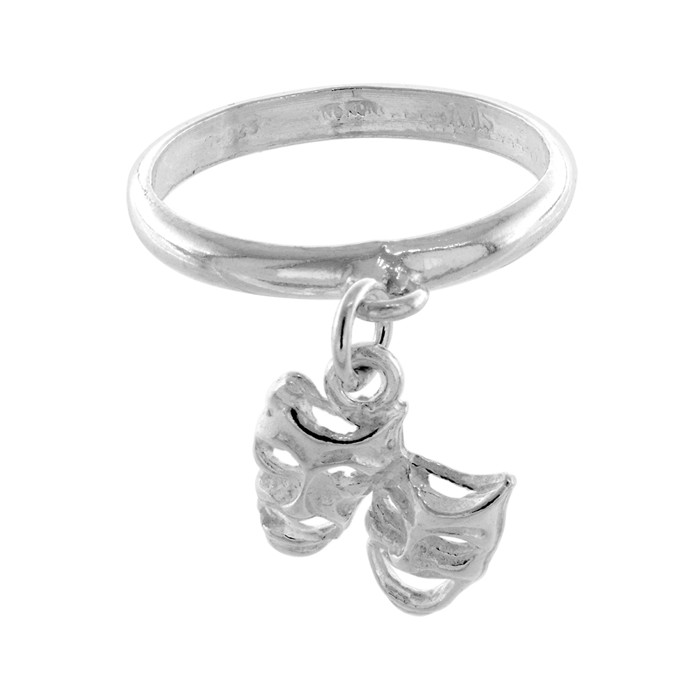 STERLING SILVER DRAMA MASKS CHARM RING TOE RING FOR WOMEN COMEDY TRAGEDY SYMBOL 2MM WIDE SIZES 3-10.5