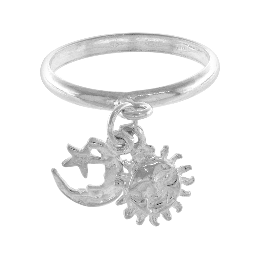 STERLING SILVER SUN MOON STAR CHARM RING TOE RING FOR WOMEN CELESTIAL SYMBOL 2MM WIDE SIZES 3-10.5
