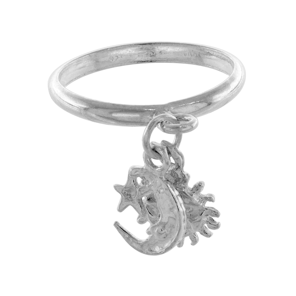 Sterling Silver Sun Moon Star Charm Ring Toe Ring for Women Celestial Symbol 2mm wide sizes 3-10.5