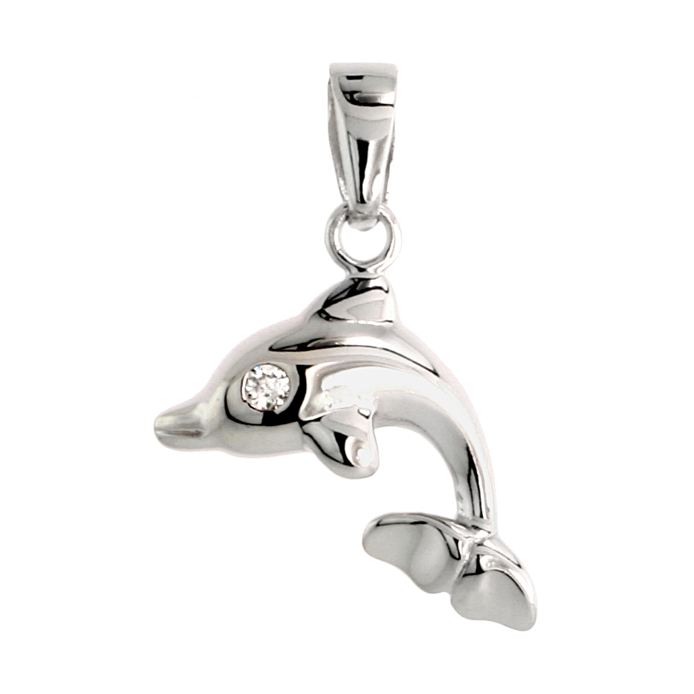 STERLING SILVER JEWELED DOLPHIN PENDANT, W/ CUBIC ZIRCONIA STONES, 5/8" (16 MM)