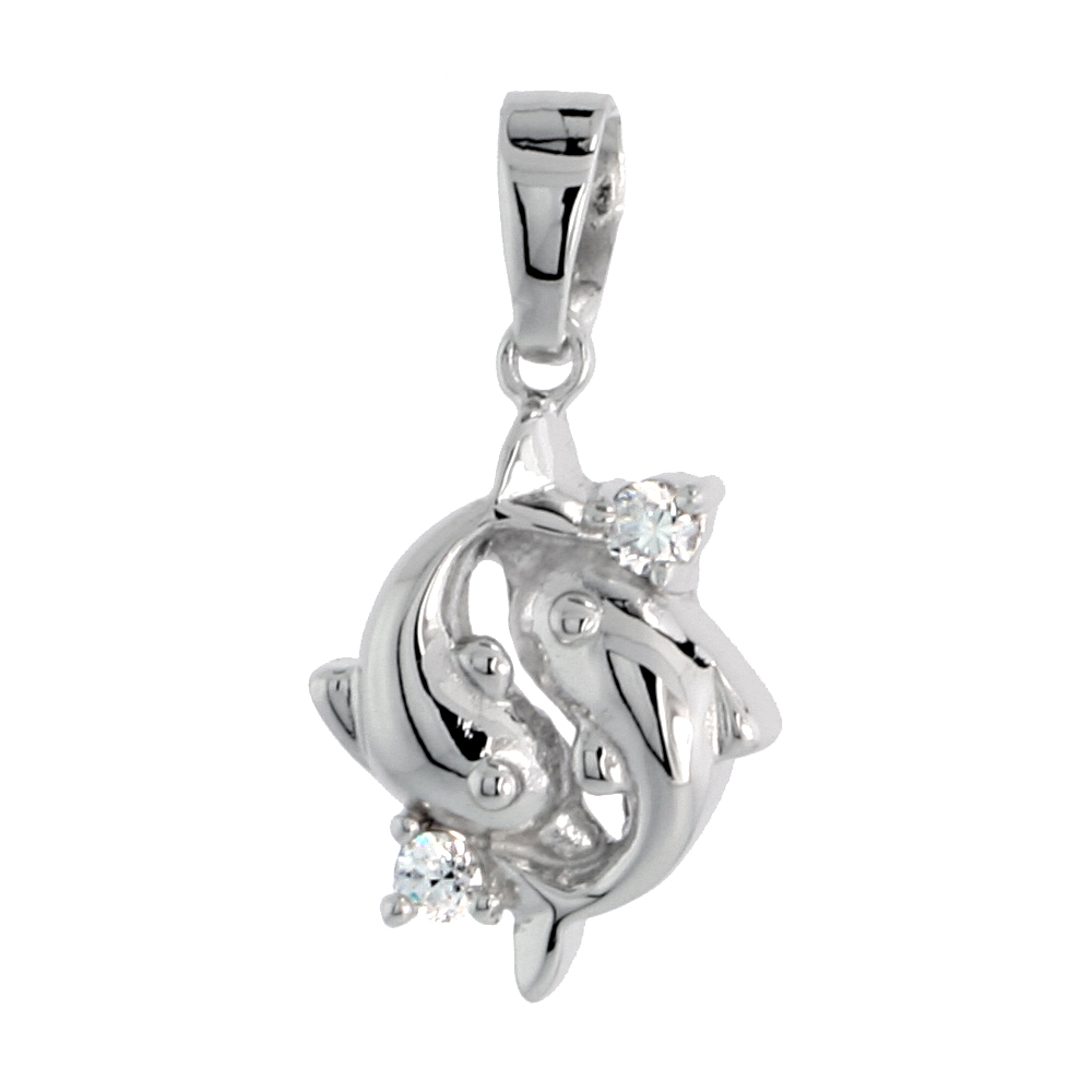 STERLING SILVER JEWELED DOLPHIN PENDANT, W/ CUBIC ZIRCONIA STONES, 5/8" (16 MM)