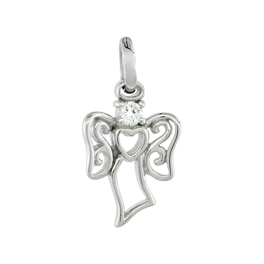 Sterling Silver Angel with Halo Pendant Cut Out Heart Rhodium Finish, 7/8 inch long
