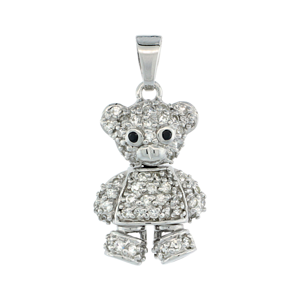 STERLING SILVER MOVABLE TEDDY BEAR PENDANT CUBIC ZIRCONIA RHODIUM FINISH, 1 1/16 INCH LONG