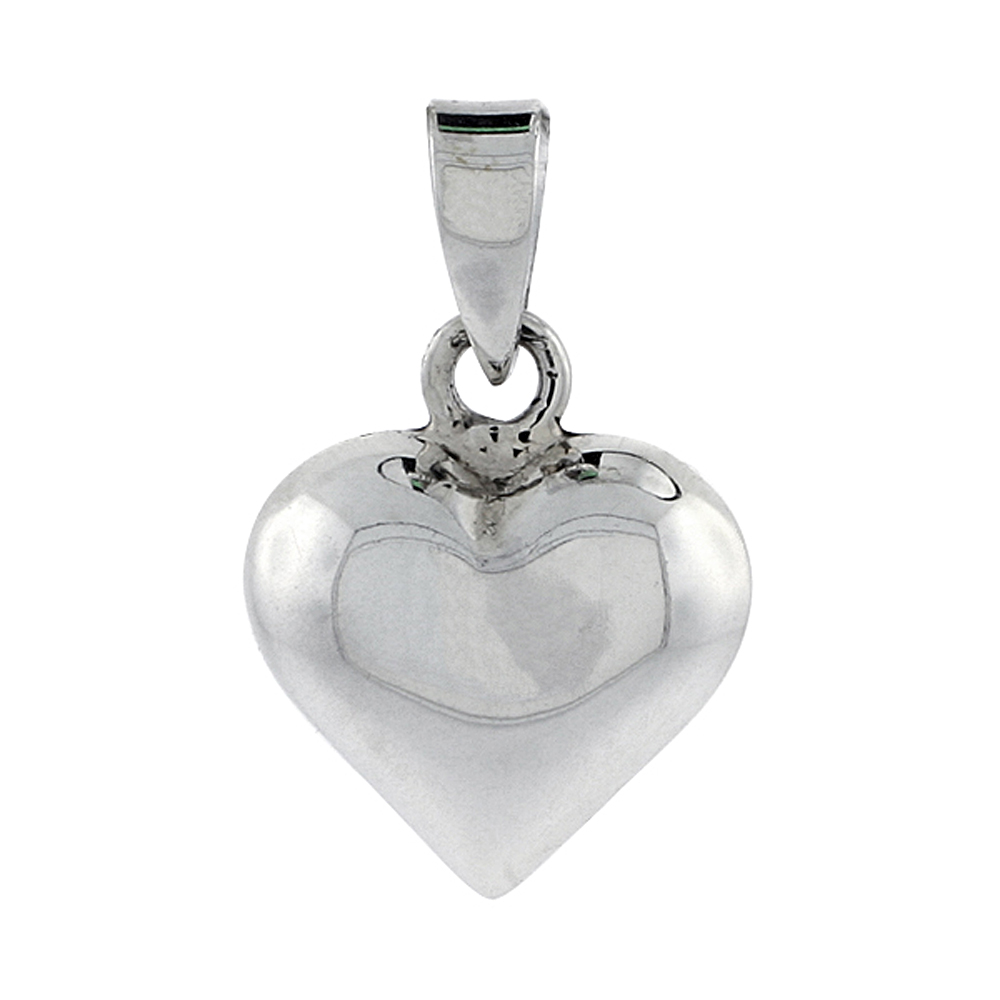 STERLING SILVER HIGH POLISHED SMALL 9/16" PUFFED HEART, WITH 18" BOX CHAIN.