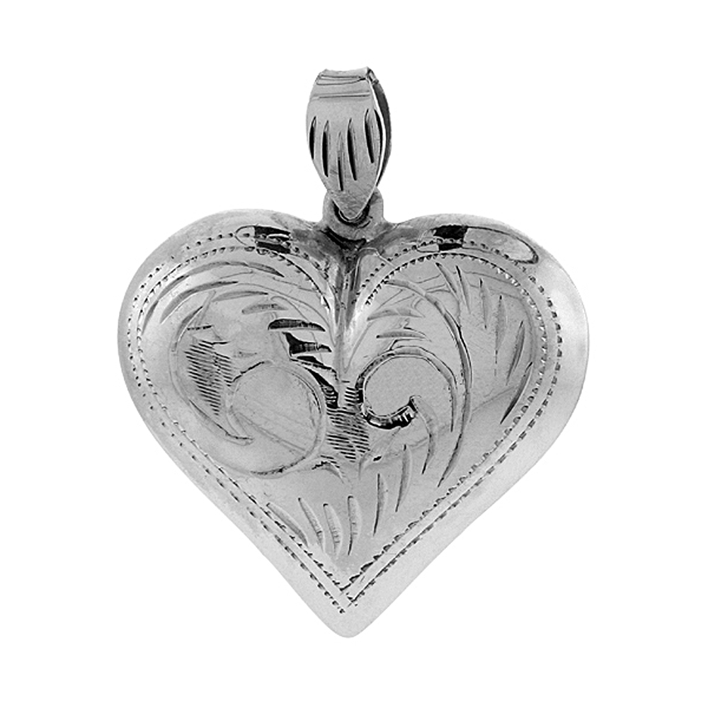 STERLING SILVER HAND ENGRAVED VERY LARGE 1 1/4" HOLLOW PUFFED HEART, WITH 18" BOX CHAIN.
