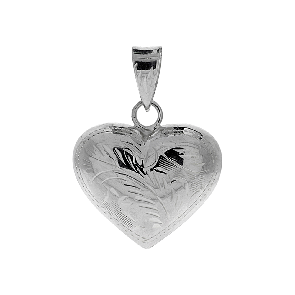 STERLING SILVER HAND ENGRAVED LARGE 1" HOLLOW PUFFED HEART, WITH 18" BOX CHAIN.