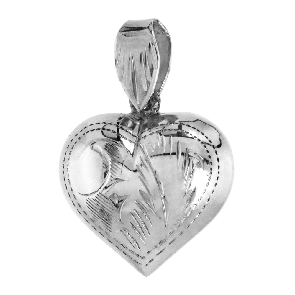 STERLING SILVER HAND ENGRAVED 13/16" PUFFED HEART, WITH 18" BOX CHAIN.