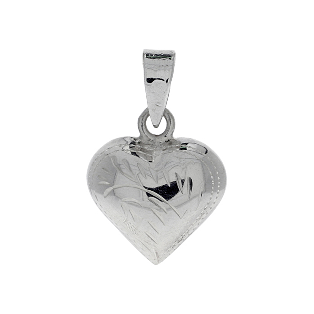 STERLING SILVER HAND ENGRAVED SMALL 9/16" PUFFED HEART, WITH 18" BOX CHAIN.