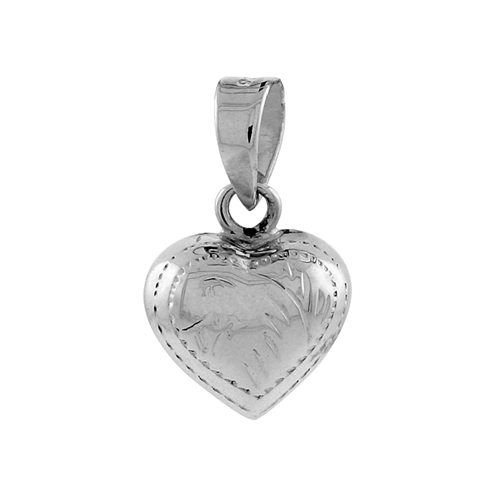 STERLING SILVER HAND ENGRAVED SMALL 1/2" PUFFED HEART, WITH 18" BOX CHAIN.
