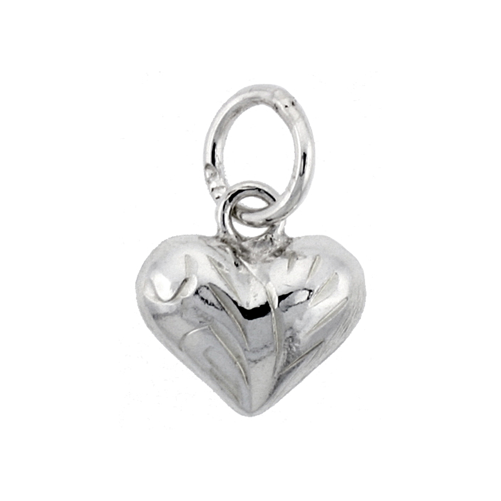 STERLING SILVER HAND ENGRAVED TINY 5/16" PUFFED HEART, WITH 18" BOX CHAIN.