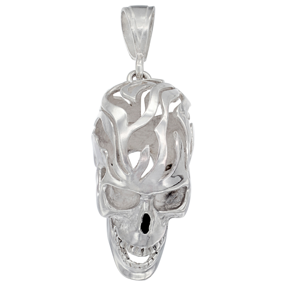 Sterling Silver Large Skull Pendant for Men with Cut-out Flames Movable Jaw, 2 inches