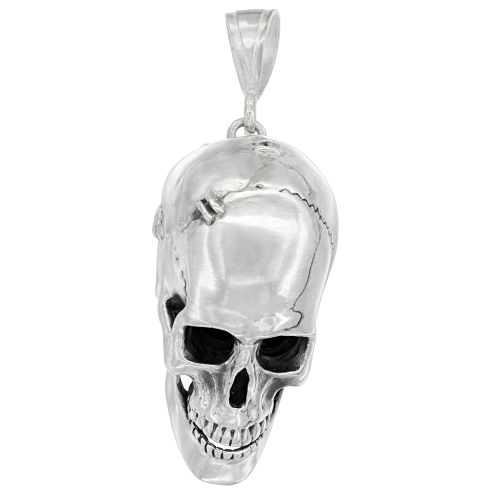 Very Large Heavy Sterling Silver Skull Pendant for Men with Metal Plate, 2 1/4 inches long 