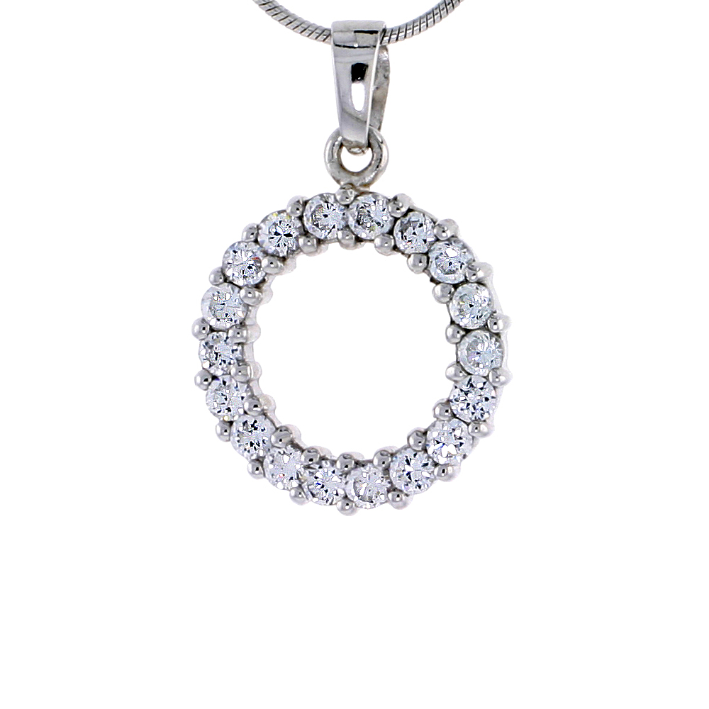 STERLING SILVER JEWELED CIRCLE PENDANT, W/ CUBIC ZIRCONIA STONES, 15/16" (24 MM) TALL