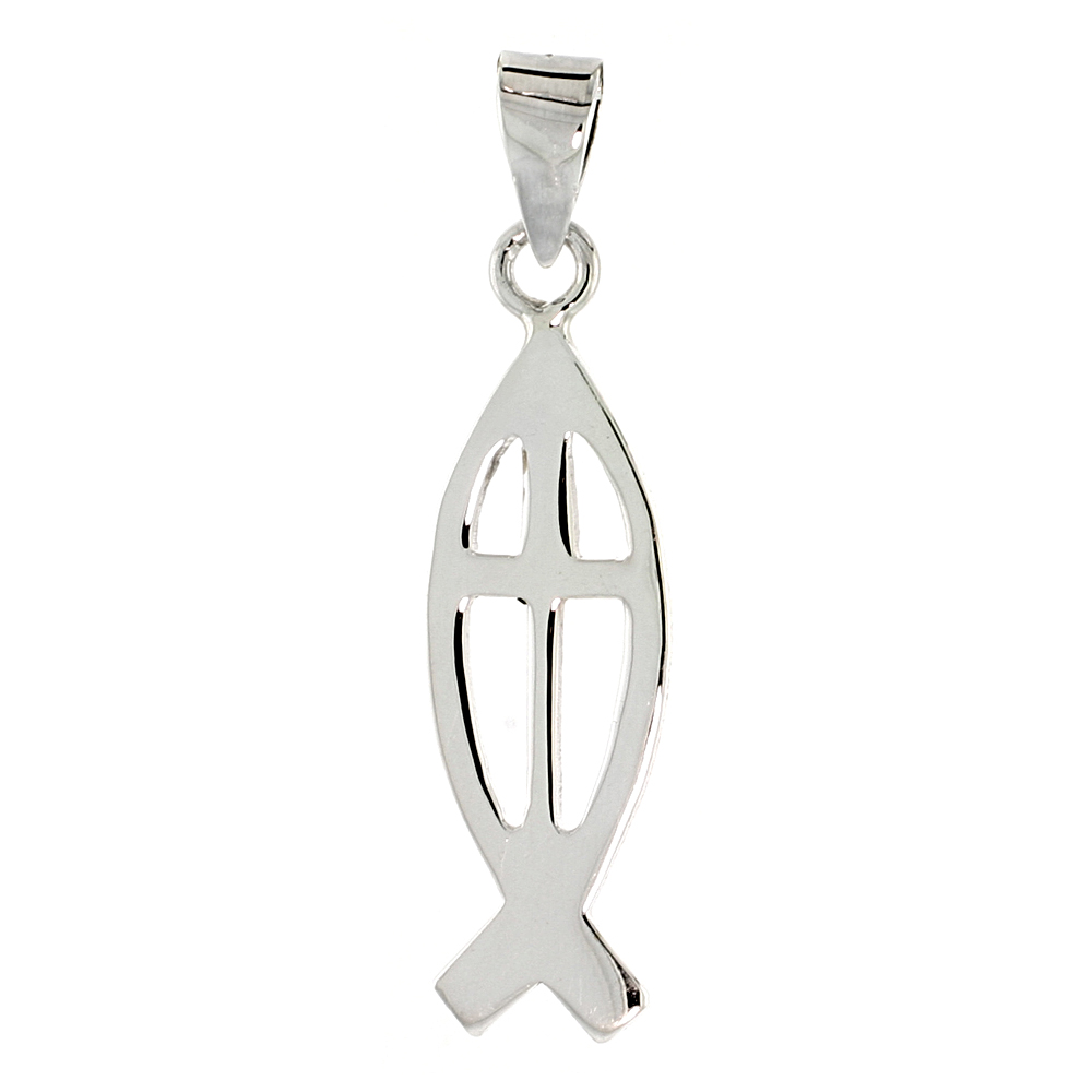 Sterling Silver Christian Fish Ichthys Pendant with Cross, 1 1/8 inch long
