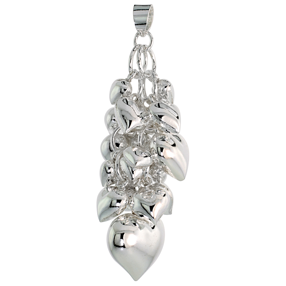 STERLING SILVER HEARTS CLUSTER PENDANT 2 INCHES LONG