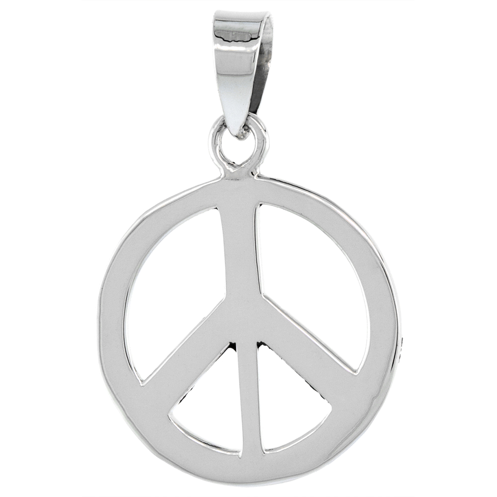 Sterling Silver Small Peace Sign Pendant, with 18 inch Thin Box Chain, 13/16 inch long