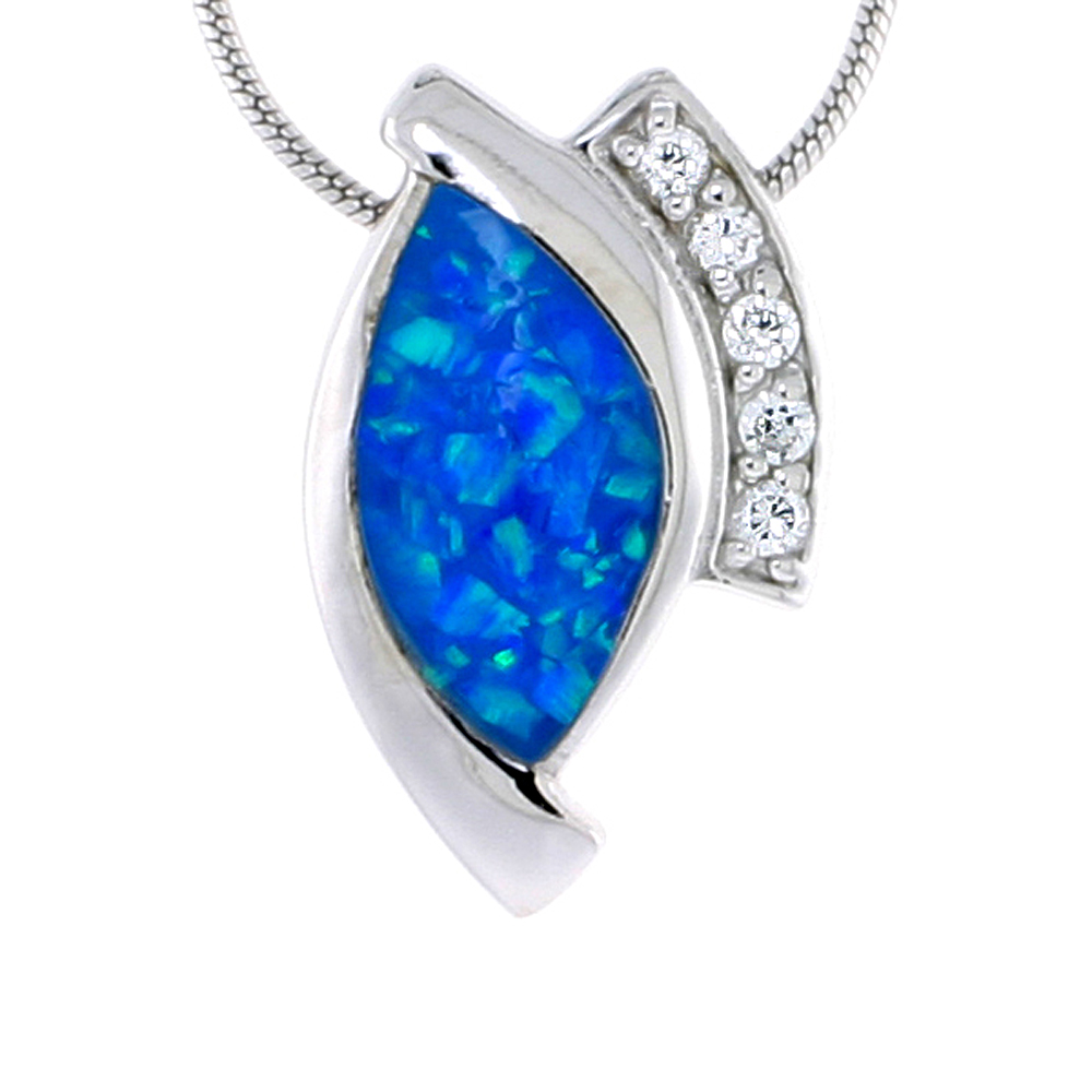 STERLING SILVER SYNTHETIC OPAL PENDANT W/ CUBIC ZIRCONIA STONES, 13/16 INCH