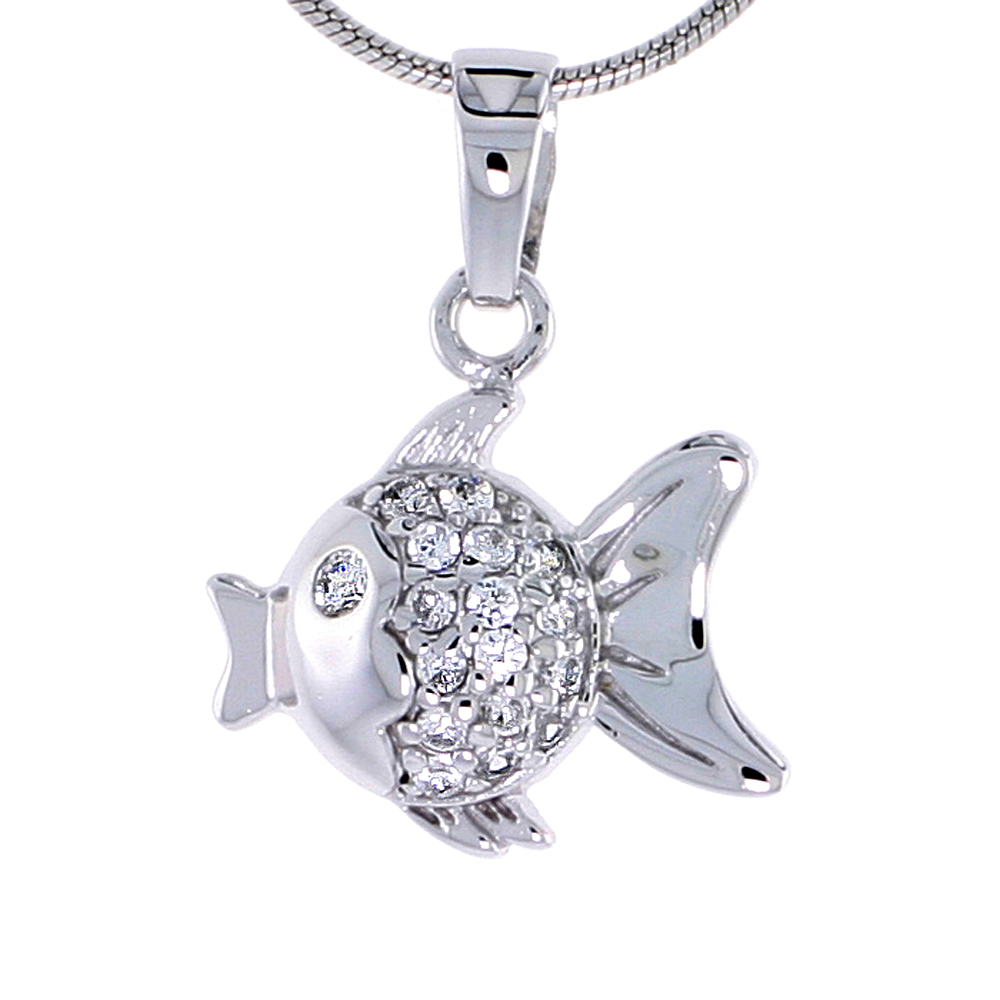 STERLING SILVER JEWELED FISH PENDANT, W/ CUBIC ZIRCONIA, 5/8" (16 MM)