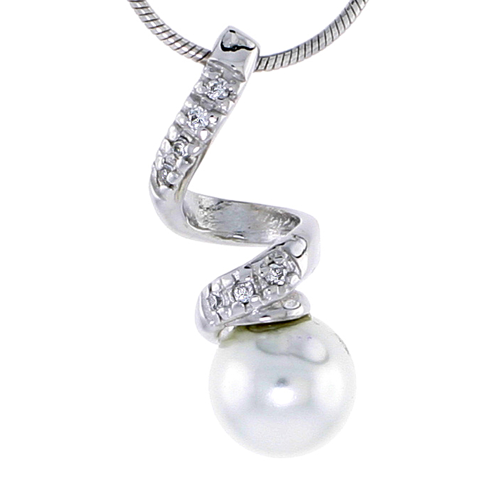 STERLING SILVER JEWELED SPIRAL PENDANT, W/ FAUX PEARL & CUBIC ZIRCONIA, 15/16" (23 MM)