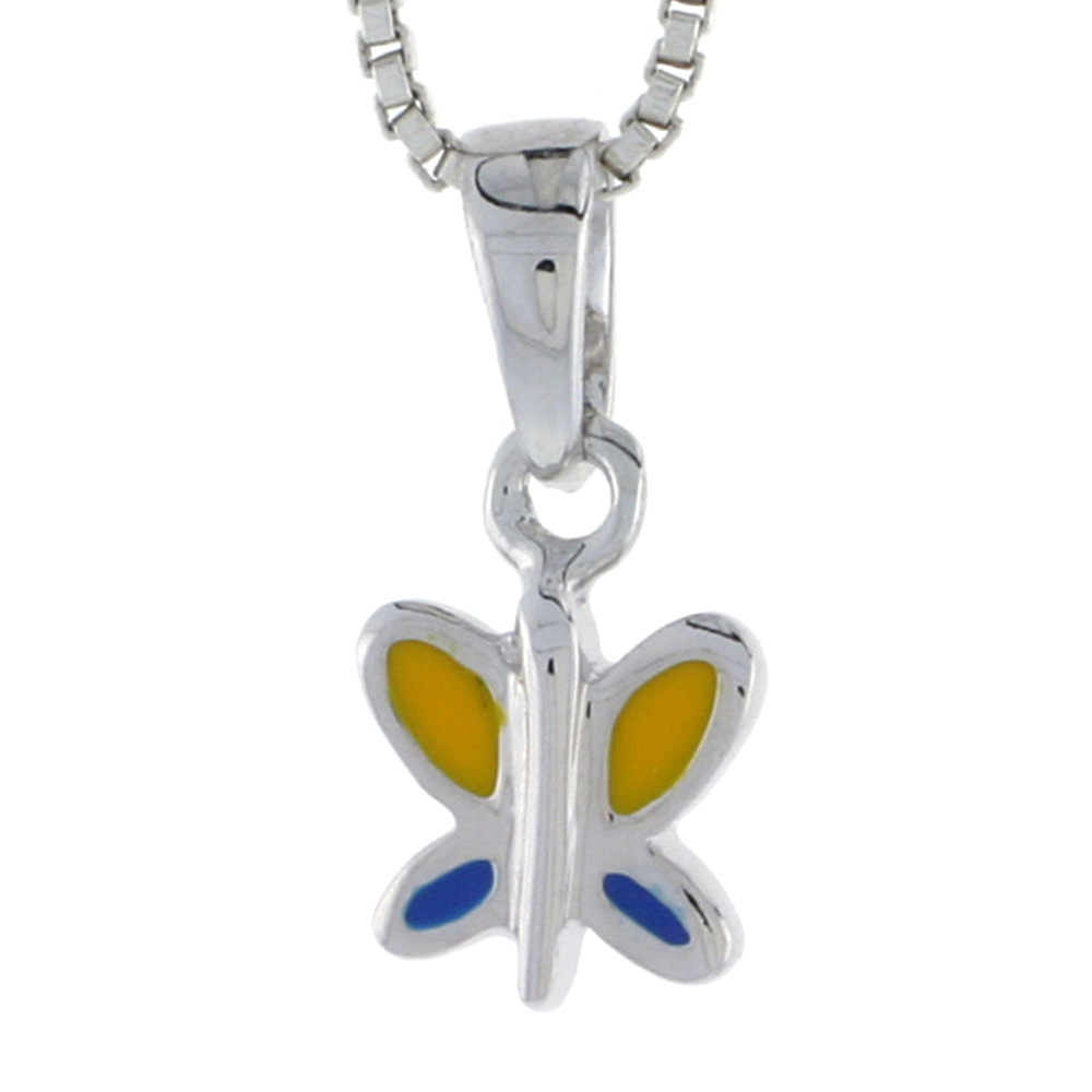 STERLING SILVER CHILD SIZE BUTTERFLY PENDANT, W/ BLUE & YELLOW ENAMEL DESIGN, 7/16" (11 MM) TALL