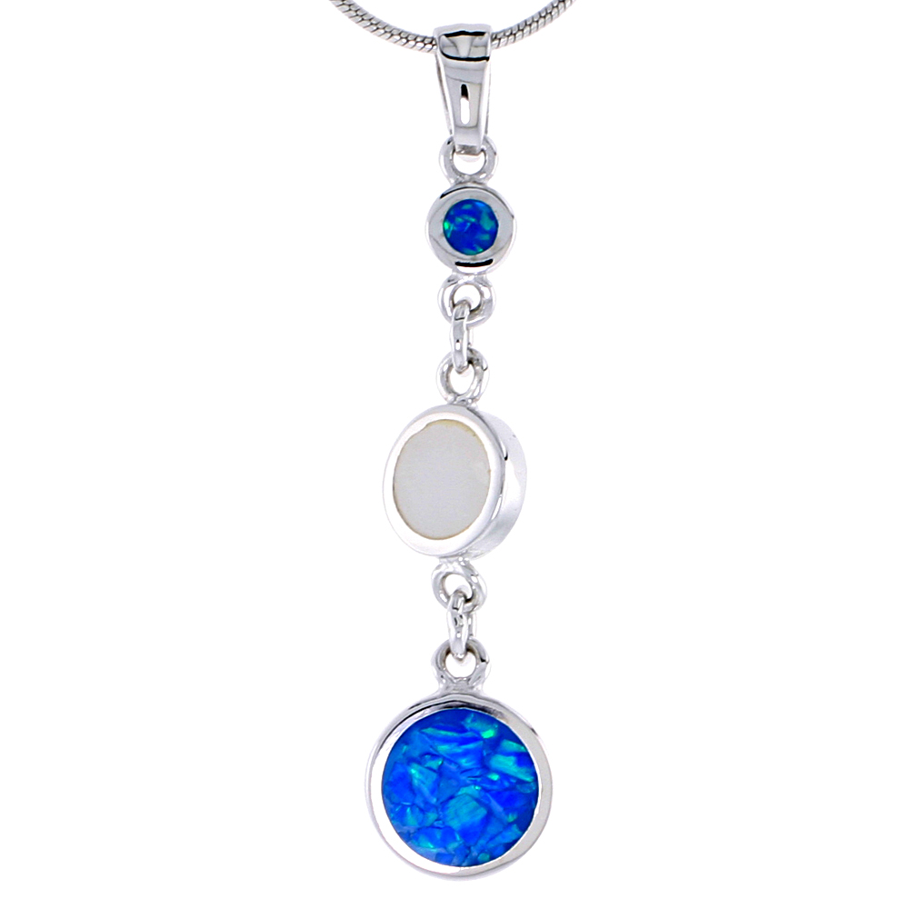 STERLING SILVER 3-STONE PENDANT SYNTHETIC OPAL MOTHER OF PEARL INLAY, 1 3/8 INCH